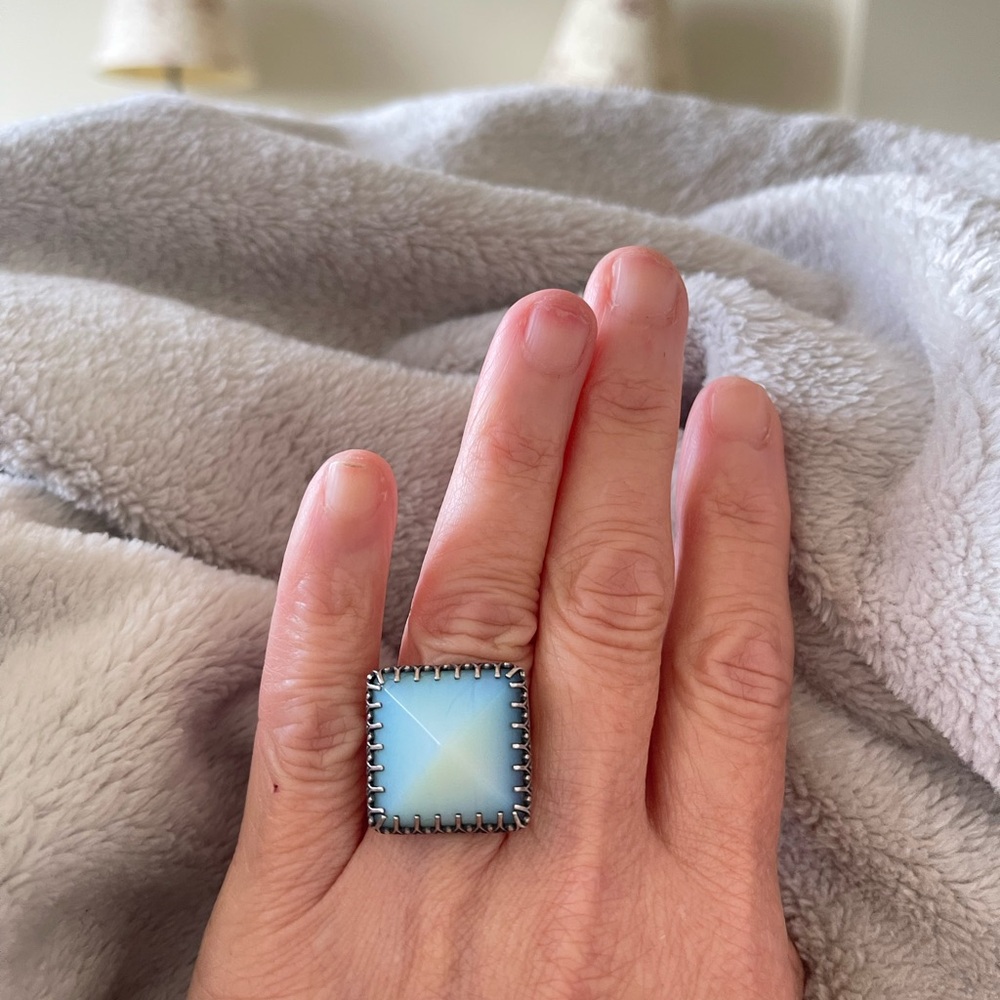 STERLING Silver | Vintage Opalite Pyramid Modernist Style Boho Bezel Ring